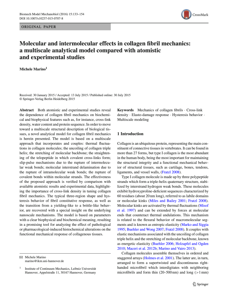 Marino, BMM 2016. Molecular and intermolecular effects in collagen fibril mechanics: a multiscale analytical model compared with atomistic and experimental studies